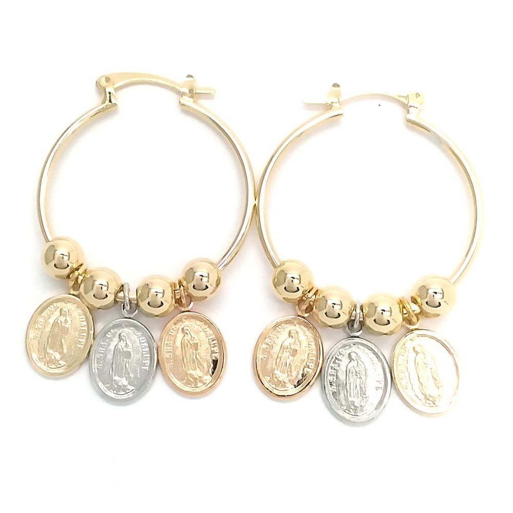 14K GOLD PLATED 2 X 30 MM HOOP WITH 3/ GUADALUPE DANGLES AND SNAP IN CLASP M634
