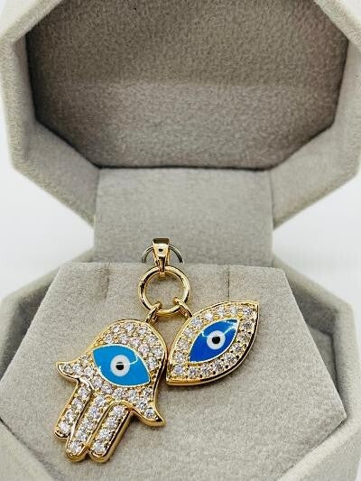 14K GOLD PLATED PENDANT HAMSA AND EVIL EYE SET WITH WHITE MICRO PAVE CZ SP18