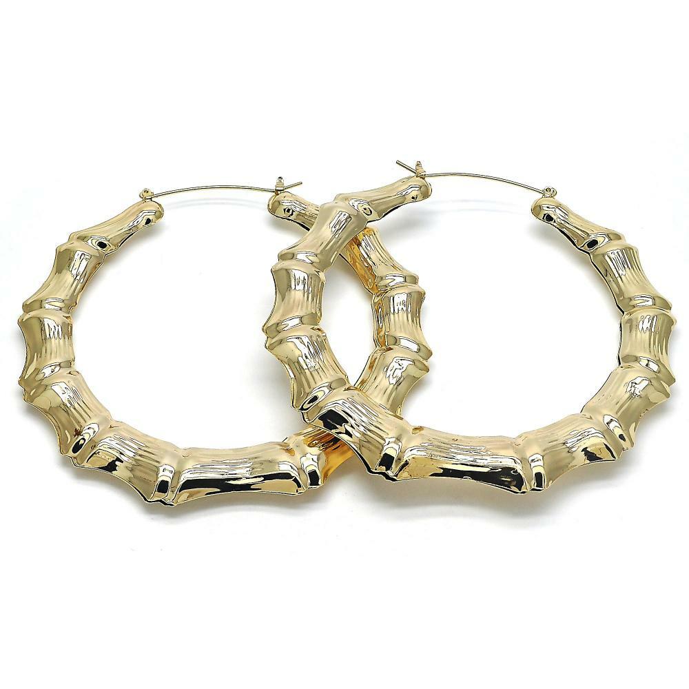 14K GOLD PLATED 90 MM BAMBOO HOOP EARRINGS WITH SNAP IN CLOSING M140