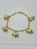 14K GOLD PLATED BRACELET 7.5 INCH FIGARO CHAIN W/ 5 PUFFED ELEPHANT CHARMS SB14