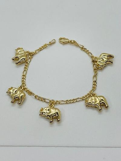 14K GOLD PLATED BRACELET 7.5 INCH FIGARO CHAIN W/ 5 PUFFED ELEPHANT CHARMS SB14