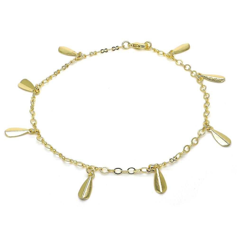 14K GOLD PLATED 9.5" ANKLET W/7 LEAF CHARMS DANGLING FROM A FINE LINK CHAIN M234