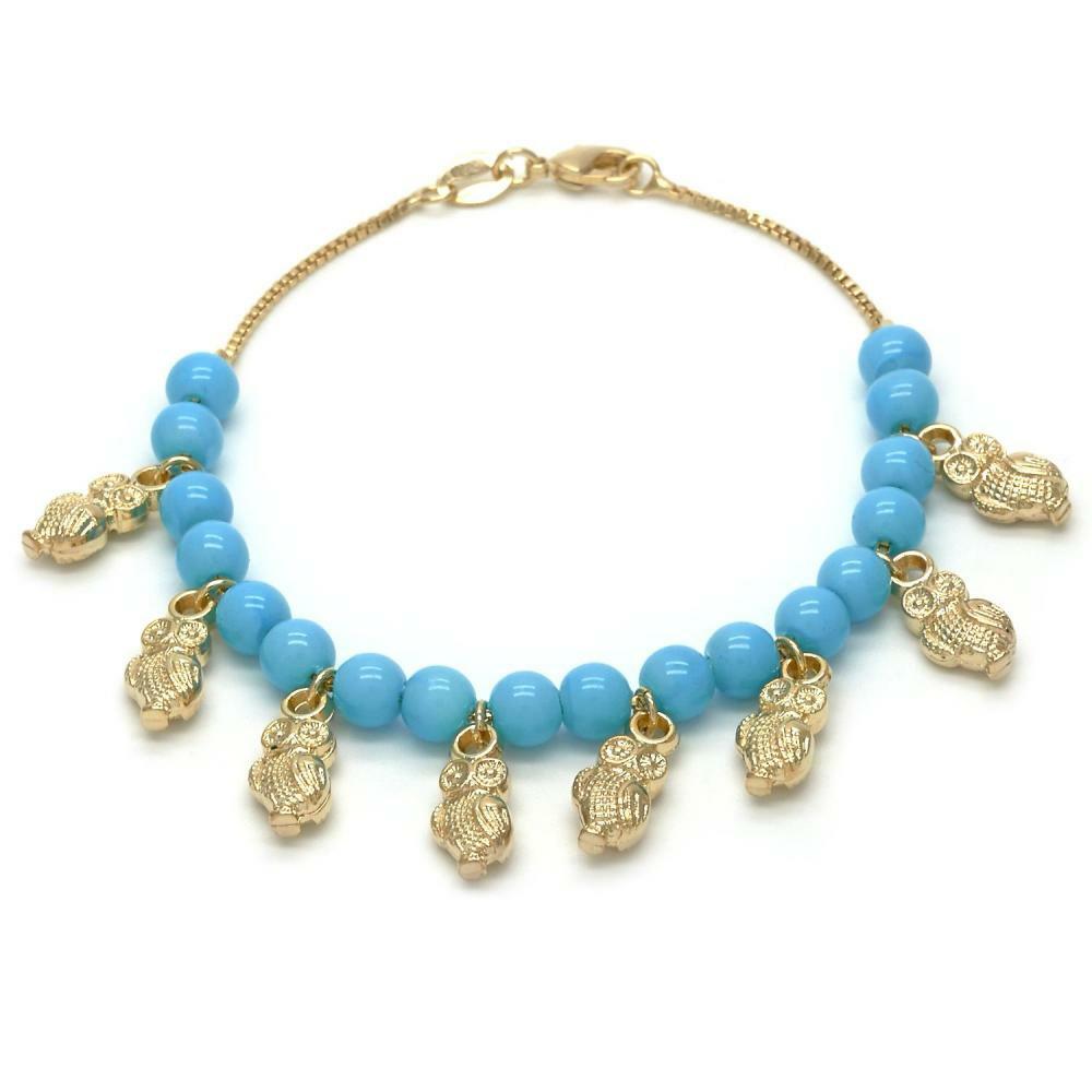 14K GOLD PLATED 7.5" CHARM BRACELET W/ TURQUOISE BEADS AND OWLS DANGLING M160