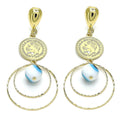 14K GOLD PLATED EARRING 2.75" LONG WITH COIN AND 10 MM BLUE ENAMEL EVIL EYE M679