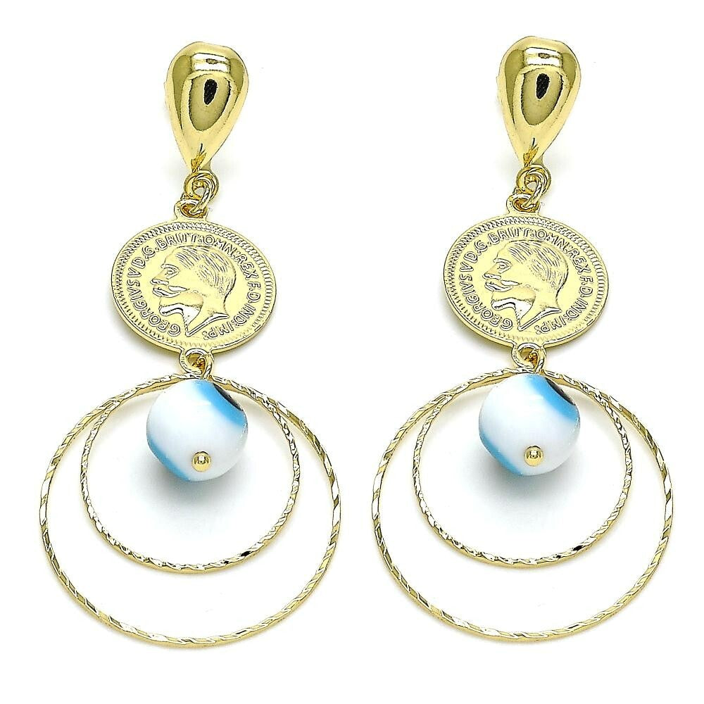 14K GOLD PLATED EARRING 2.75" LONG WITH COIN AND 10 MM BLUE ENAMEL EVIL EYE M679