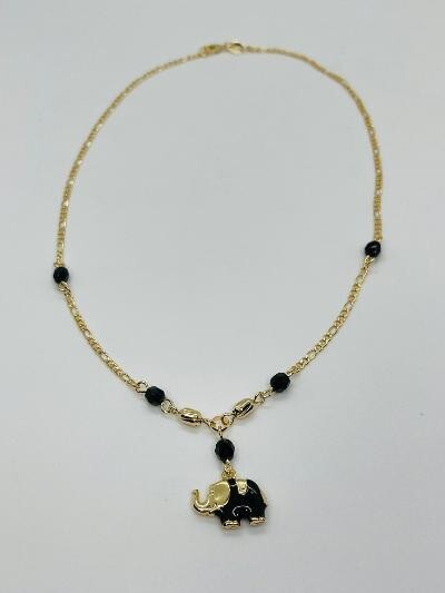 14K GOLD PLATED 18" FIGARO CHAIN W/BLACK BEADS & BLACK & GOLD ELEPHANT CHARM SN2