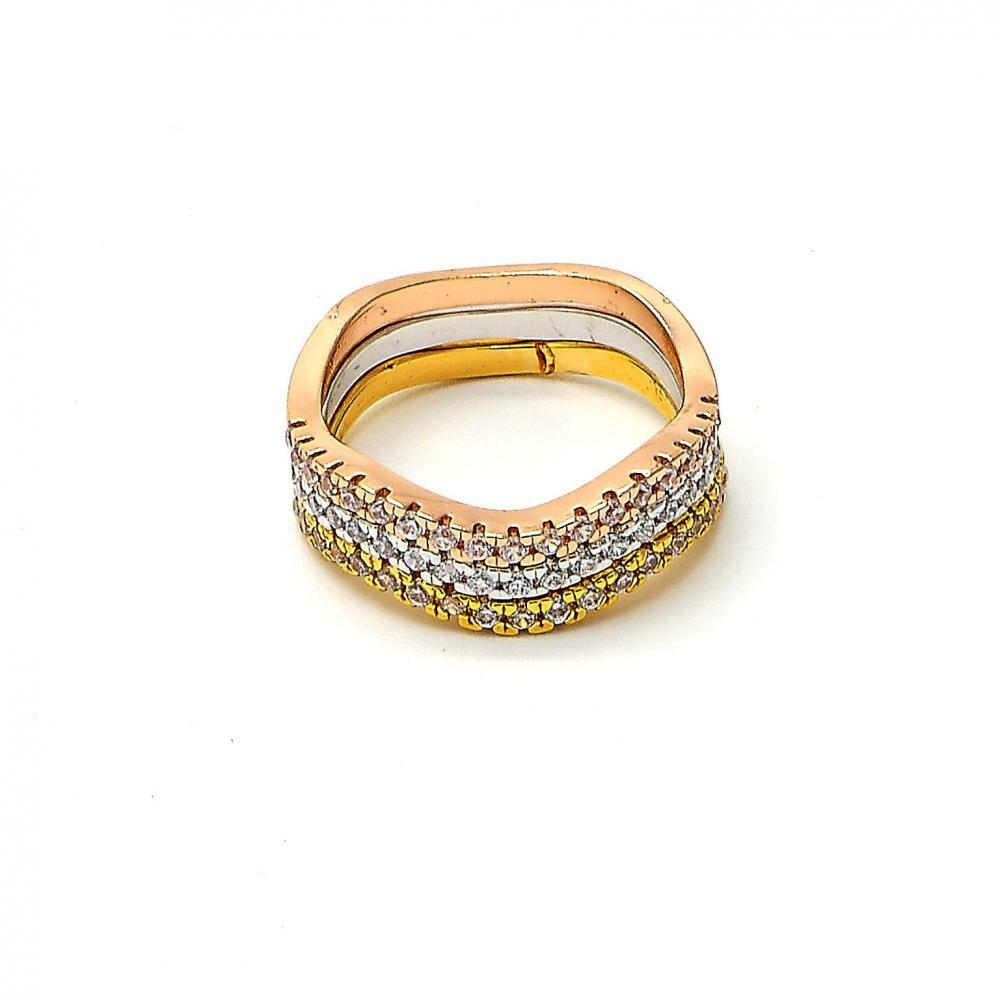 14K GOLD PLATED TRI-COLOR 3 PEICE RING SET WAVY DESIGN WITH WHITE CZ SIZE 9 M80