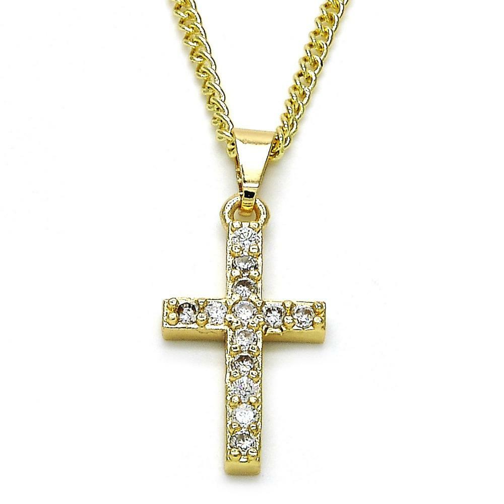 14K GOLD PLATED CROSS PENDANT W/ WHITE CZ ON A 22 INCH CUBAN LINK CHAIN M200