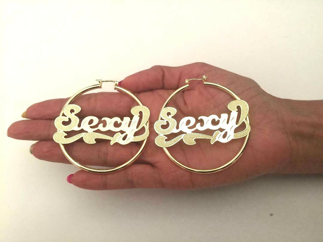 14 K GOLD PLATED SEXY HOOP EARRINGS 3 X 60 W/ SWIVEL BAR SNAP IN CLOSING J 405