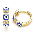 14K GOLD PLATED HUGGIE HOOP EARRINGS WITH BLUE EYES AND WHITE CZ M397