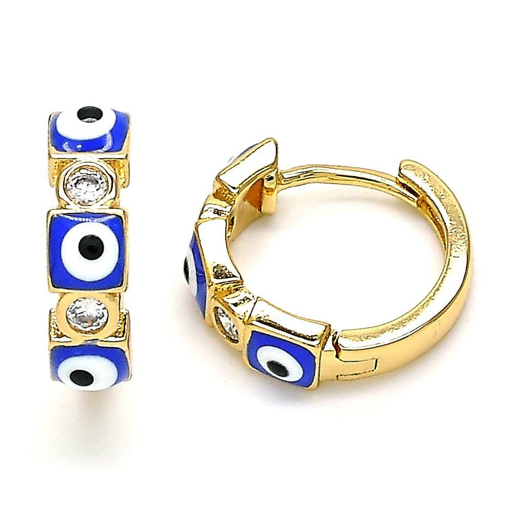 14K GOLD PLATED HUGGIE HOOP EARRINGS WITH BLUE EYES AND WHITE CZ M397
