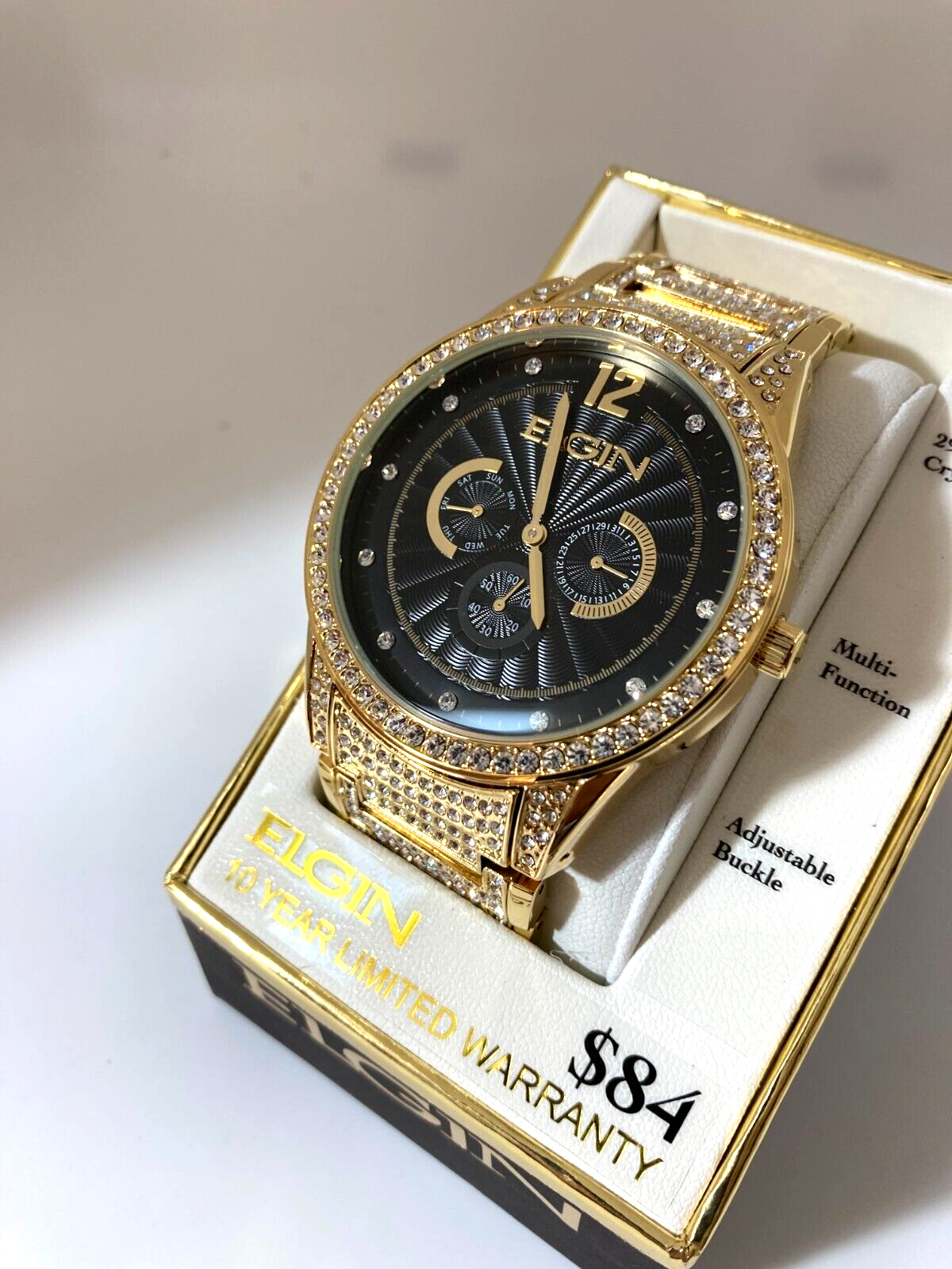 Elgin Adult Men's Analog Watch with Black Dial Pave Dial and Crystals FG16003G