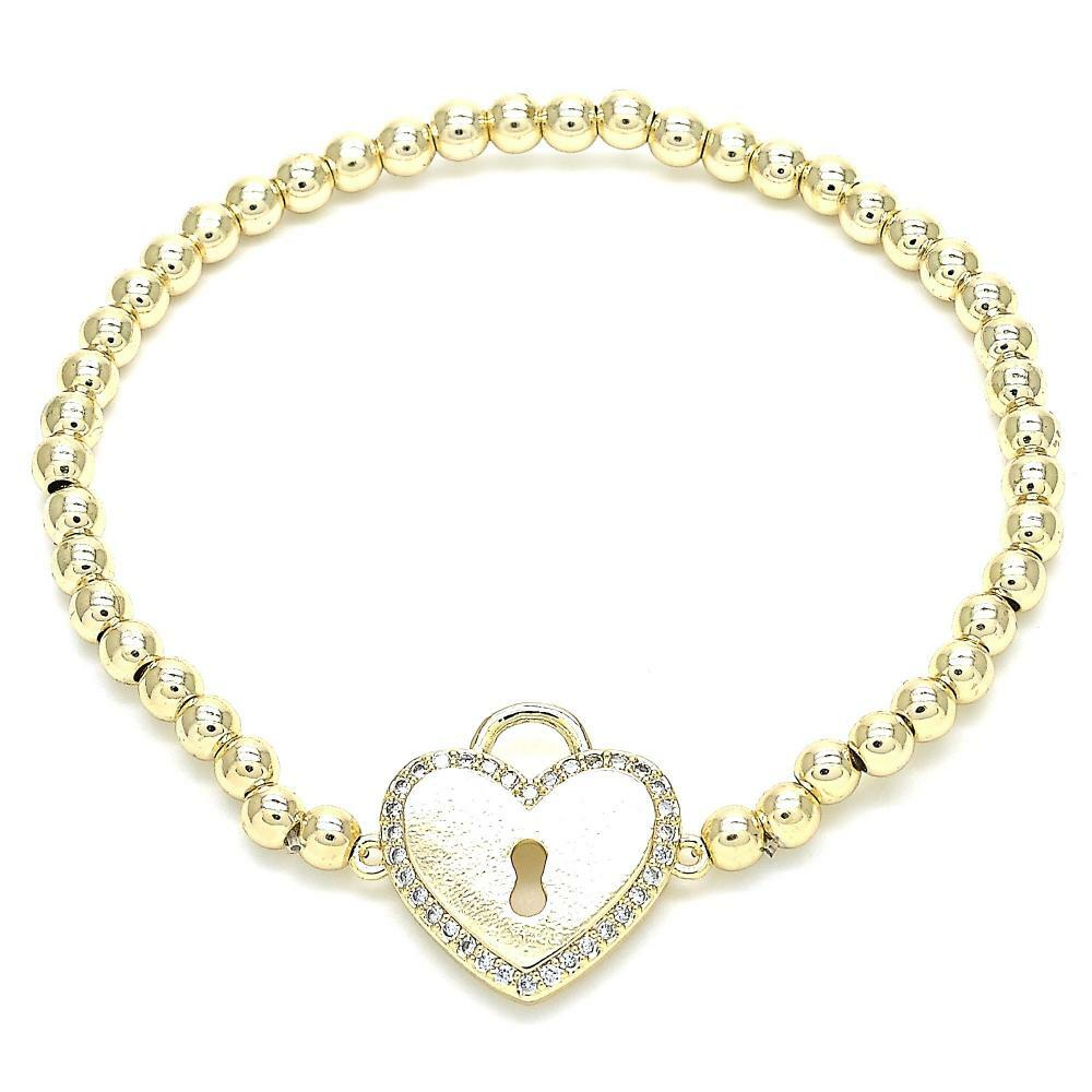 14K GOLD PLATED 4MM BALL STRETCH BRACELET HEART DESIGN WITH WHITE CZ M181