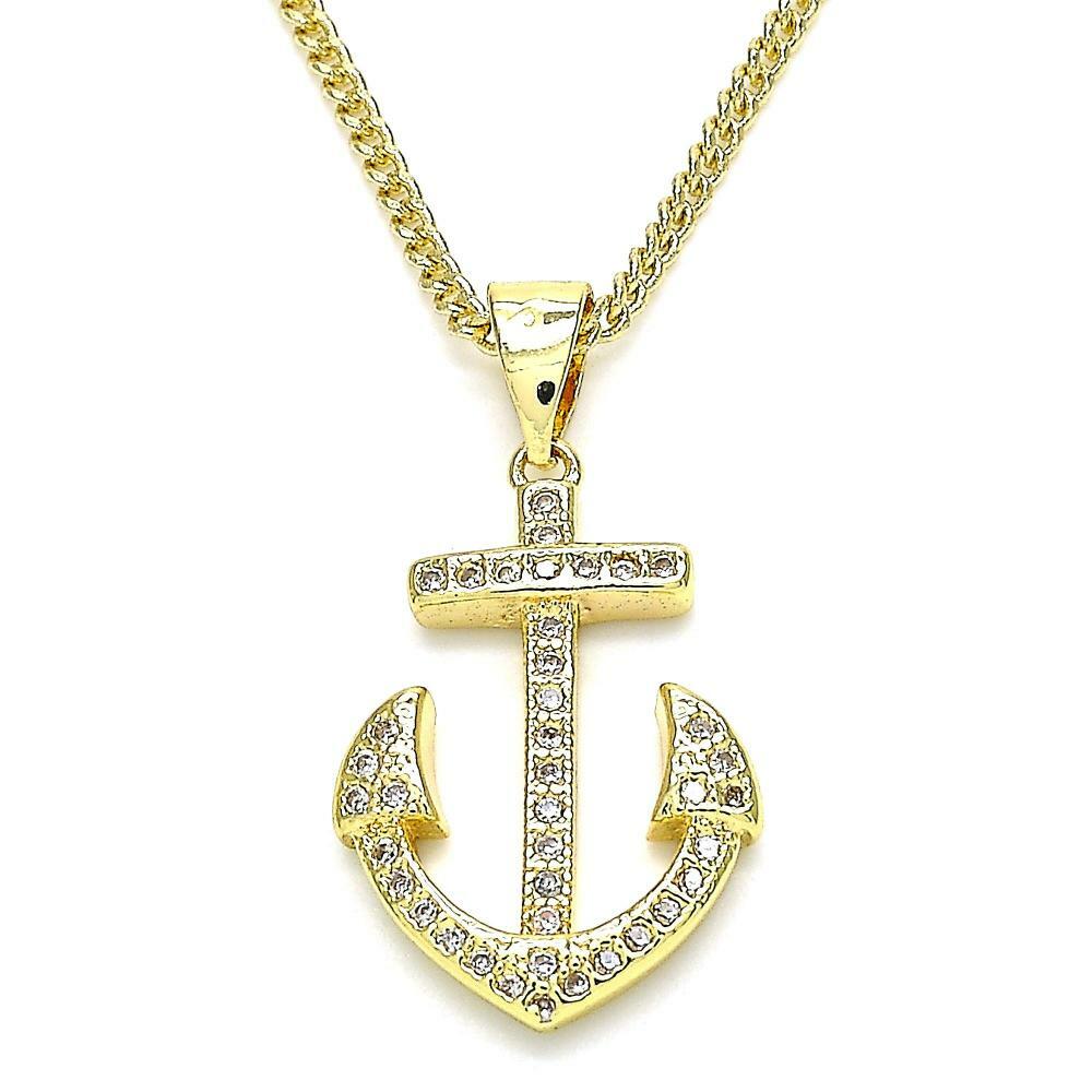 14K GOLD PLATED ANCHOR PENDANT W/ WHITE MICROPAVE CZ & 19" LINK CHAIN M329
