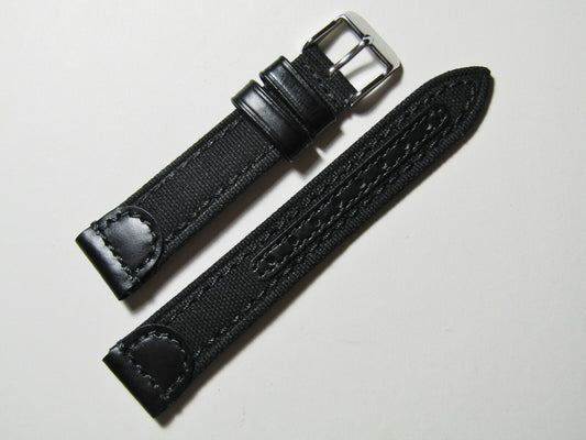 20mm Hadley-Roma MS868 Mens Black Canvas and Leather Watch Band Strap