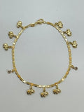 14K GOLD PLATED 10" ANKLET W/ 9 ELEPHANT & 2 WHITE CRYSTAL CHARMS DANGLING SA13