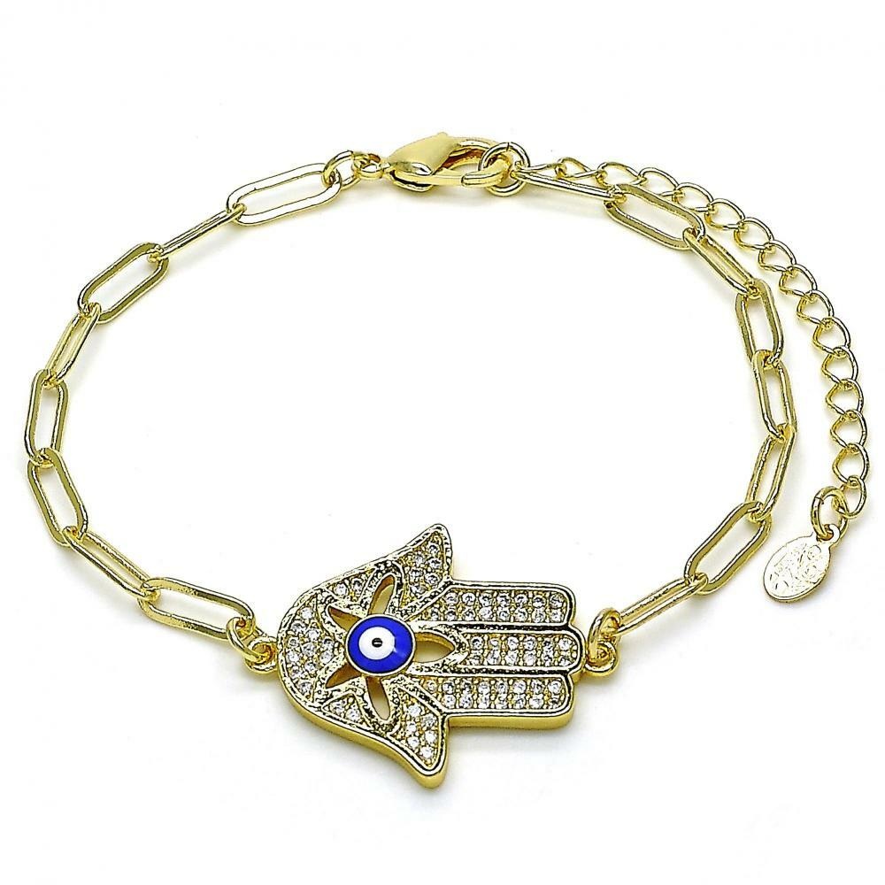 14K GOLD PLATED PAPERCLIP LINK BRACELET W/ HAMSA CHARM W/ CZ AND EVIL EYE M222