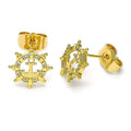 14K GOLD PLATED STUD EARRING SHIPS WHEEL WITH ANCHOR AND WHITE CZ M578