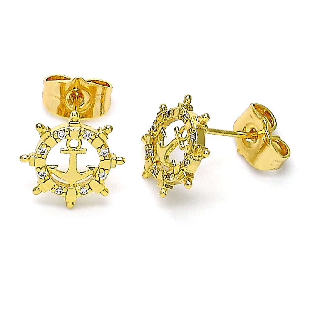 14K GOLD PLATED STUD EARRING SHIPS WHEEL WITH ANCHOR AND WHITE CZ M578