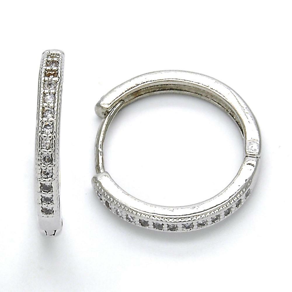 14K WHITE GOLD PLATED HUGGIE HOOP EARRING 21X23X2.5 MM W/ 1 ROW OF WHITE CZ M120