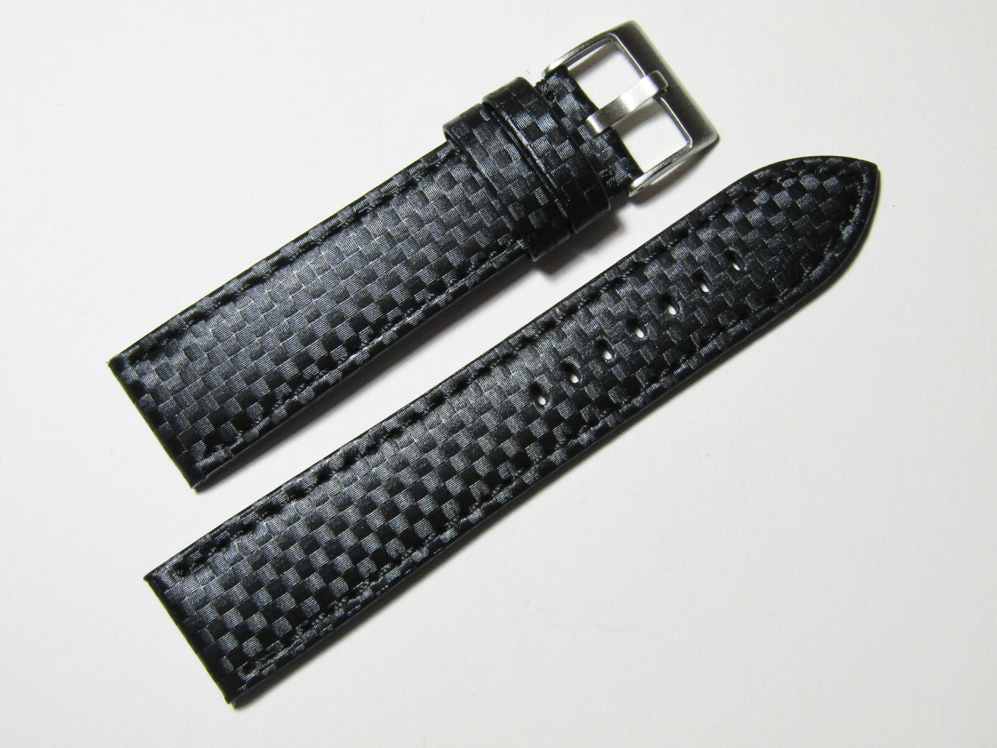 22mm Hadley-Roma MS847 Black Carbon Fiber Leather Black Stitch Watch Band Strap