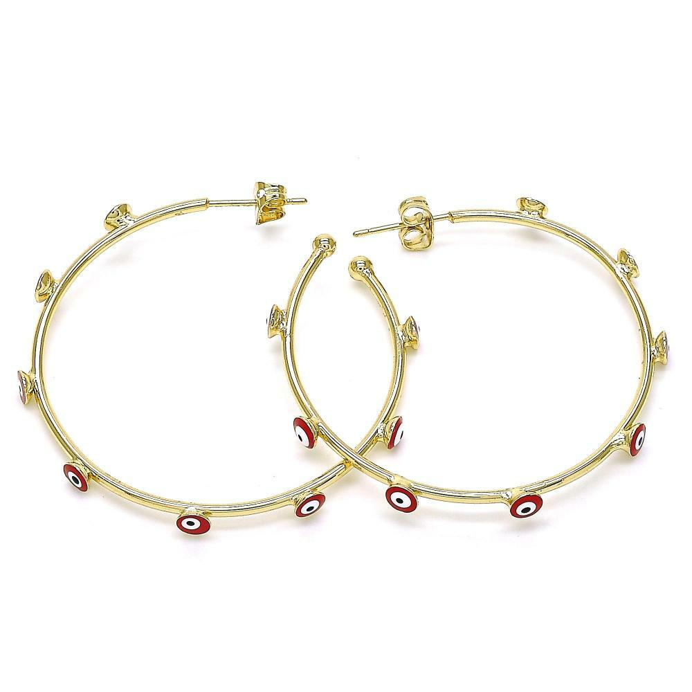 14K GOLD PLATED HOOP EARRINGS 2 X 45 MM WITH 8 RED EVIL EYES M480