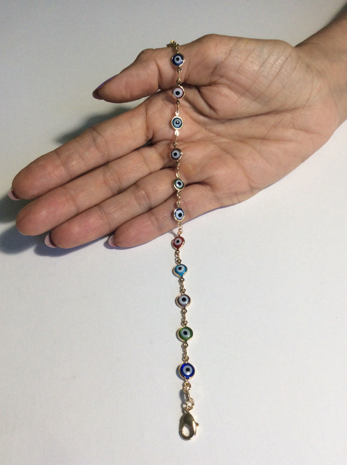14K GOLD PLATED ANKLET 10 INCH WITH 14 MULTI COLORED EYE CHARMS J131