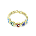 14K GOLD PLATED ADJUSTABLE RING W/ MULTI COLOR HEART SHAPE ENAMEL EVIL EYES M656