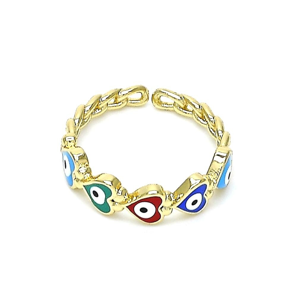 14K GOLD PLATED ADJUSTABLE RING W/ MULTI COLOR HEART SHAPE ENAMEL EVIL EYES M656