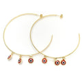 14K GOLD PLATED HOOP EARRINGS 2X70 MM WITH 3 red EVIL EYE CHARMS DANGLING M687