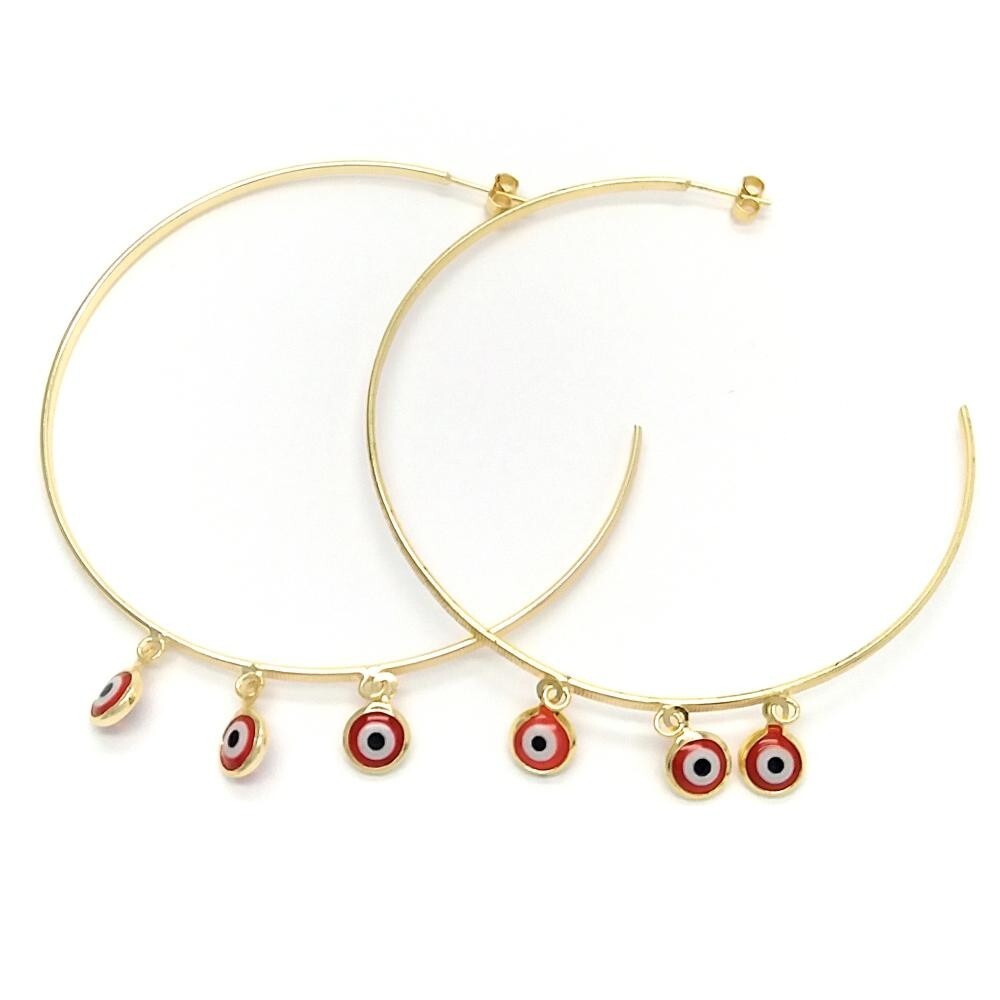14K GOLD PLATED HOOP EARRINGS 2X70 MM WITH 3 red EVIL EYE CHARMS DANGLING M687