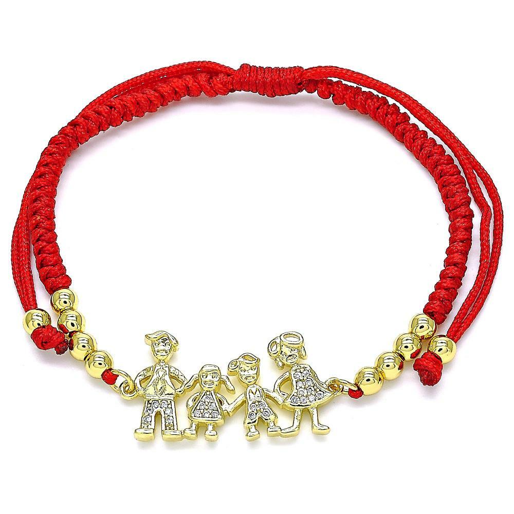 14K GOLD PLATED 7"-11" RED CORD BRACELET WITH FAMILY CHARM WITH WHITE CZ M488