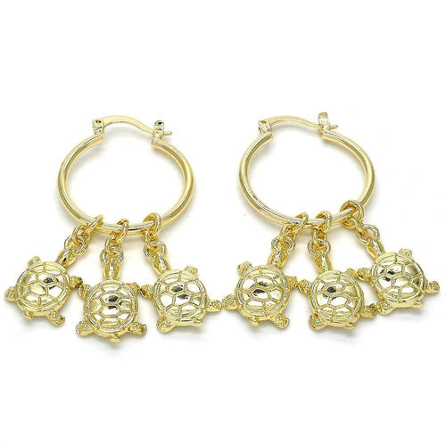 14K GOLD PLATED 2 X 25 MM HOOP W/ 3 TURTLE CHARM DANGLES AND SNAP IN CLASP M175
