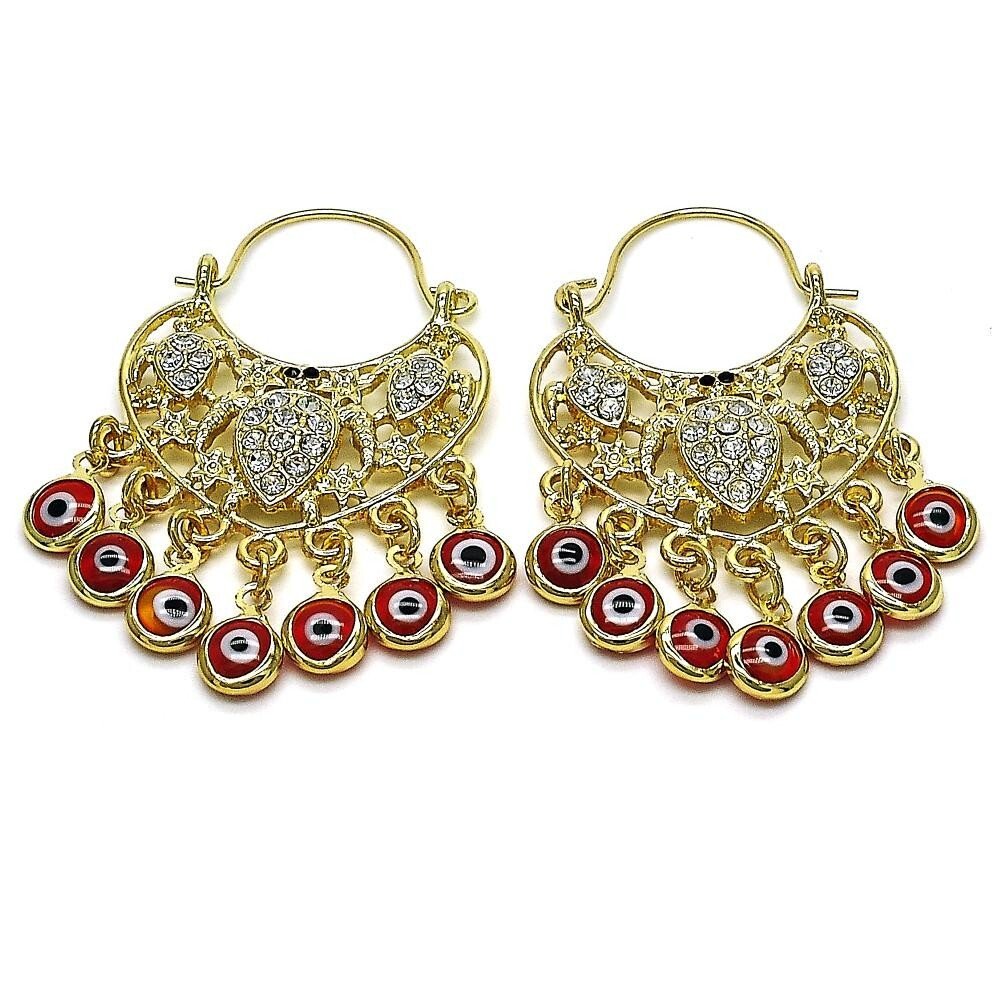 14K GOLD PLATED LONG EARRING TURTLE & EVIL EYE W/WHITE CRYSTAL & RED RESIN M68O