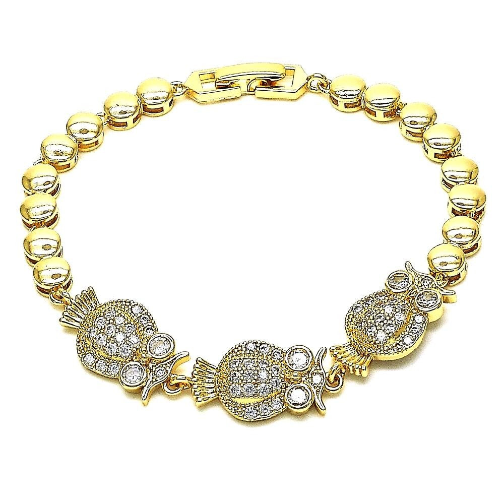 14K GOLD PLATED 7" BRACELET W/ WHITE CZ OWL CHARMS LINKED W/FOLD OVER CLASP M559