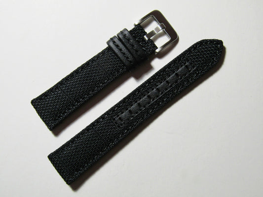 20mm Hadley-Roma MS848 Mens Black Genuine Nylon and Leather Watch Band Strap
