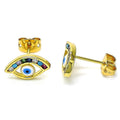 14K GOLD PLATED STUD EARRING 6X12 MM BLUE ENAMEL EVIL EYE W/ MULTI-COLOR CZ M539
