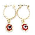 14K GOLD PLATED 2 X 15 MM HOOP WITH ROUND RED ENAMEL EVIL EYE CHARM DANGLE M646