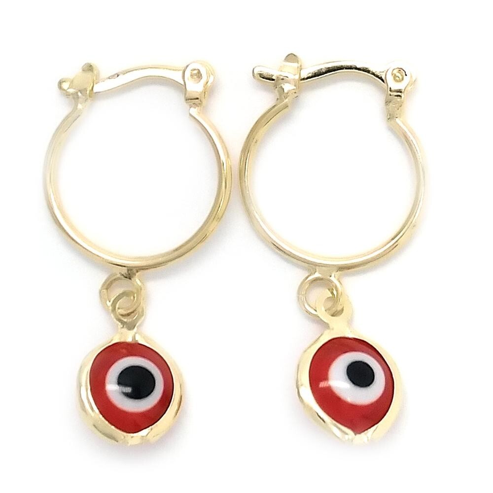 14K GOLD PLATED 2 X 15 MM HOOP WITH ROUND RED ENAMEL EVIL EYE CHARM DANGLE M646