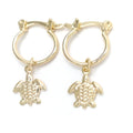 14K GOLD PLATED 2 X 12 MM HOOP WITH TURTLE CHARM DANGLES AND SNAP IN CLASP M645