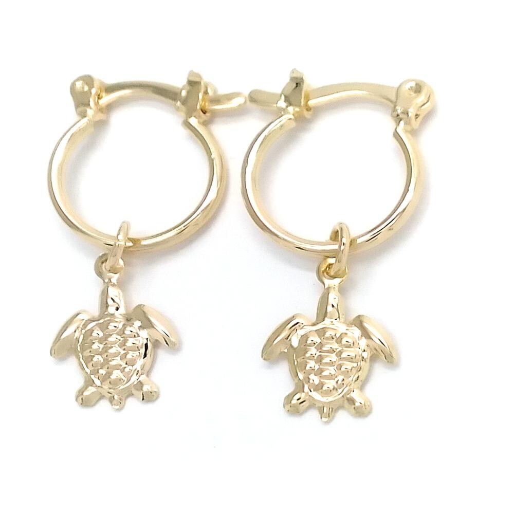 14K GOLD PLATED 2 X 12 MM HOOP WITH TURTLE CHARM DANGLES AND SNAP IN CLASP M645