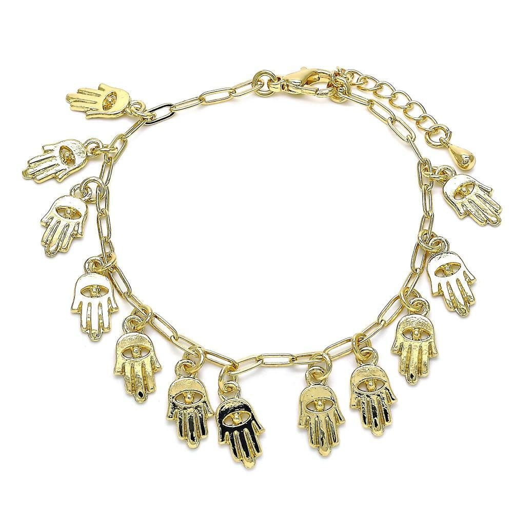 14K GOLD PLATED 8"+1" ADJUSTABLE CHARM BRACELET WITH 12 HAMSAS DANGLING M349