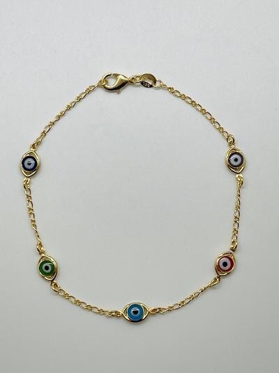 14K GOLD PLATED 10" ANKLET WITH MULTI-COLOR EVIL EYES IN AN OVAL SETTING SA7