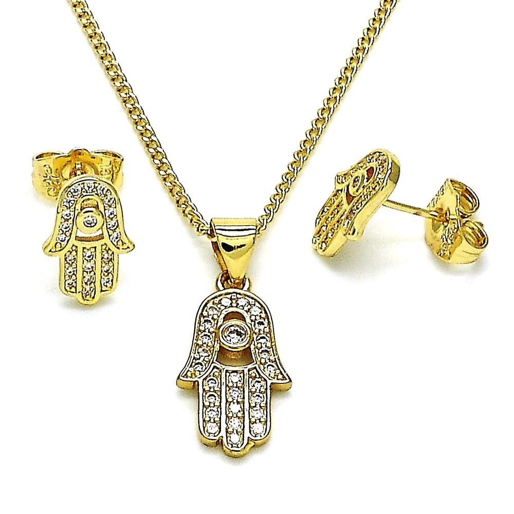 14K GOLD PLATED EARRING PENDANT 18" SET HAMSA DESIGN W/ WHITE MICRO PAVE CZ M567