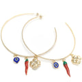 14K GOLD PLATED HOOP EARRINGS 2X70 MM WITH EVIL EYE PEPPER & CLOVER DANGLES M688