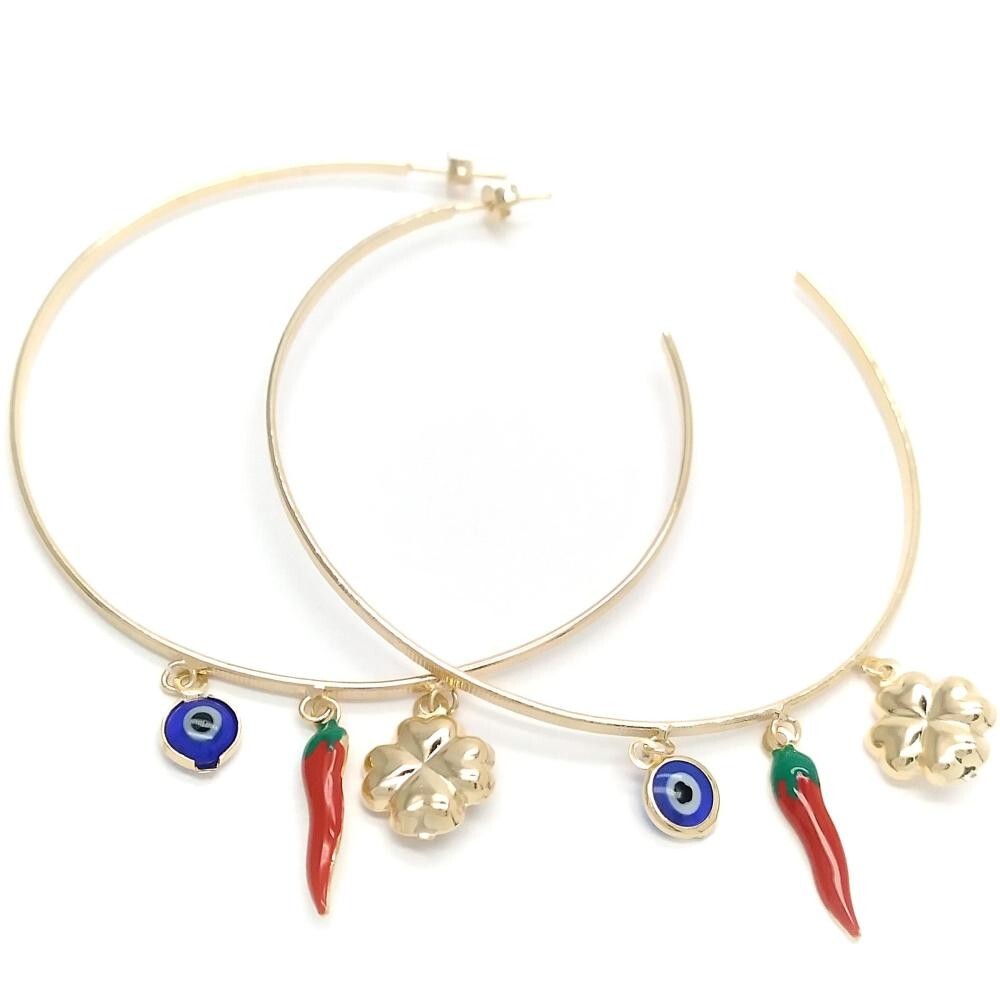 14K GOLD PLATED HOOP EARRINGS 2X70 MM WITH EVIL EYE PEPPER & CLOVER DANGLES M688