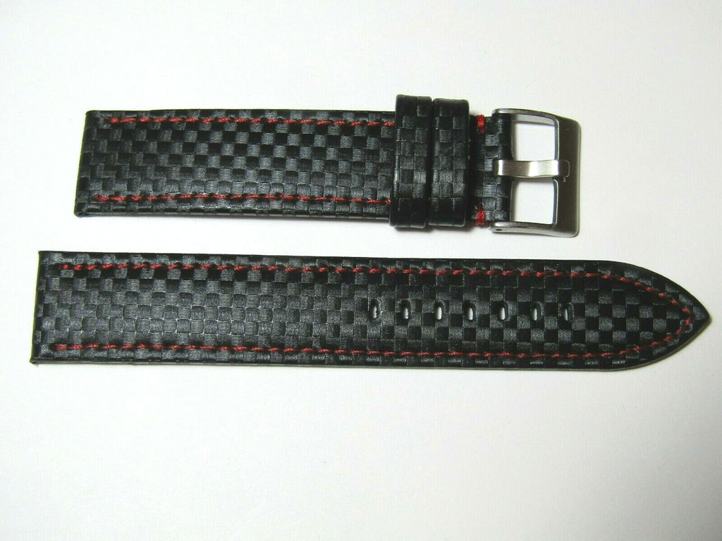 20mm Hadley-Roma MS847 Black Carbon Fiber Leather Red Stitch Watch Band Strap