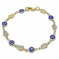 14K GOLD PLATED 7.5" BRACELET WITH DARK BLUE EVIL EYES AND HAMSAS CONNECTED M227