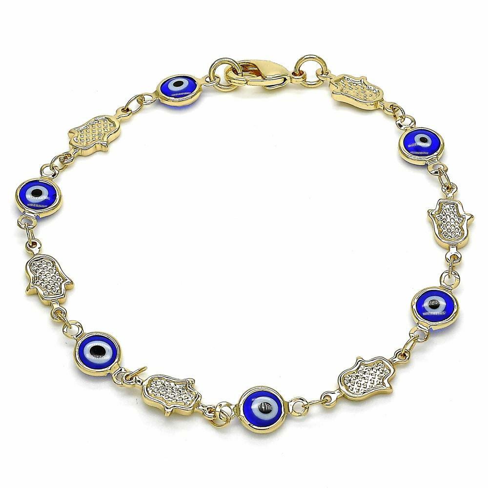 14K GOLD PLATED 7.5" BRACELET WITH DARK BLUE EVIL EYES AND HAMSAS CONNECTED M227