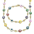 14K GOLD PLATED 18" & 7 1/2" SET W/ MULTI-COLOR ROUND EVIL EYES CONNECTED M456
